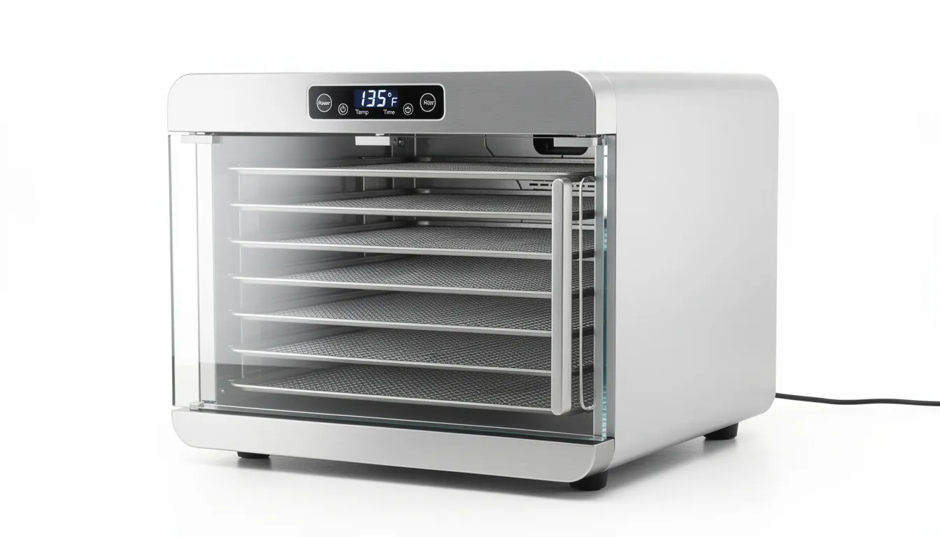 The image features an 8 tray dehydrator with a sleek stainless steel design and a glass door, showcasing eight metal racks for drying various foods like fruits, vegetables, and homemade jerky. This digital dehydrator is equipped with temperature control, ensuring even heat distribution for efficient drying, and includes BPA-free trays that are dishwasher safe for easy cleaning.