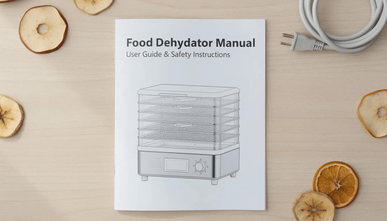 March 4, 2026 | The image displays a user manual for a food dehydrator, featuring detailed instructions and safety precautions for in-house chefs. It emphasizes the importance of following basic safety precautions, such as avoiding contact with hot surfaces and properly using tray liners, along with helpful tips for operating the 5-tray dehydrator.