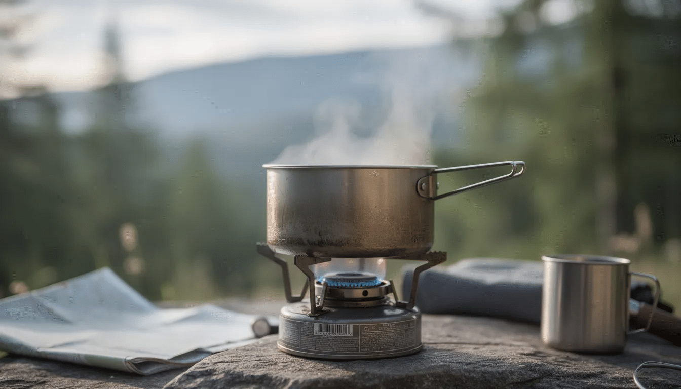 A camping pot sits on a portable stove outdoors, with steam rising from it, suggesting the cooking of dehydrated meals. This scene evokes the process of rehydrating dried food, such as vegetables or soups, perfect for enjoying warm meals during backpacking trips in the Pacific Northwest.