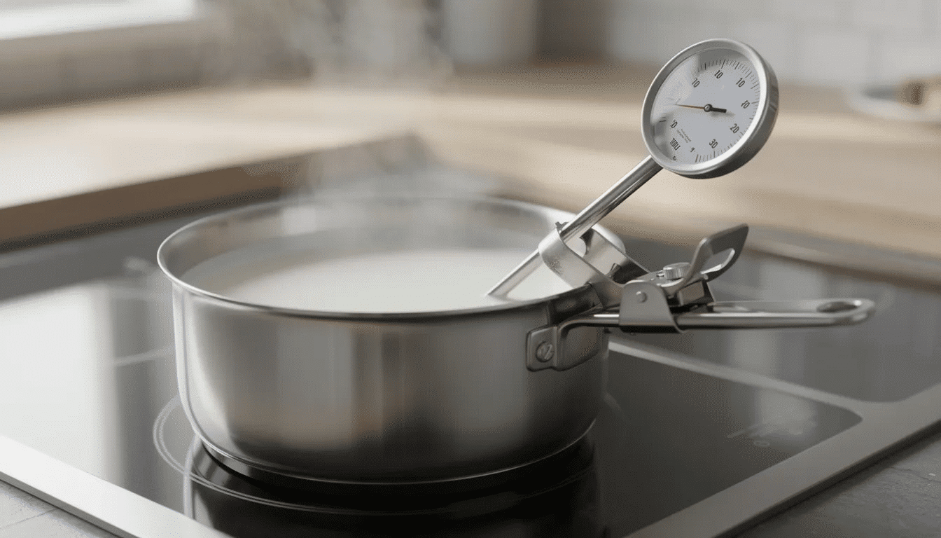 A pot of warm milk sits on a stovetop, with a kitchen thermometer clipped to the side displaying the current temperature, indicating the preparation for making homemade yogurt. The scene captures the essential steps in the yogurt-making process, highlighting the importance of temperature control for achieving thick Greek yogurt or plain yogurt.