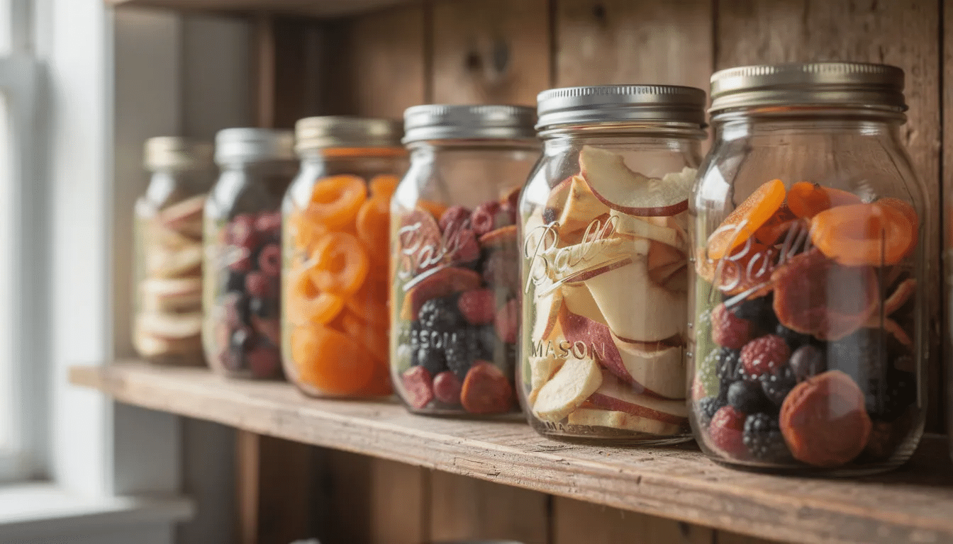 The image features glass mason jars filled with vibrant pieces of dried fruit, including apricots, apples, and berries, neatly arranged on a wooden shelf. These colorful jars showcase the delicious results of drying fruit without a dehydrator, highlighting the appealing texture and variety of flavors.