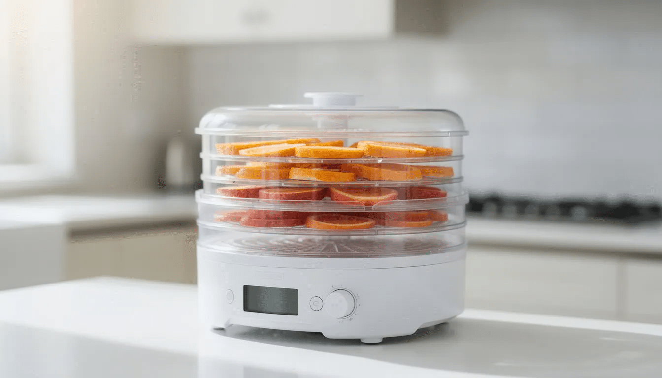 The image features a white countertop food dehydrator, specifically the Magic Chef model, showcasing multiple clear stackable trays beneath a domed lid. This appliance is designed for drying fruits, vegetables, and more, appealing to people who love healthy snacks.
