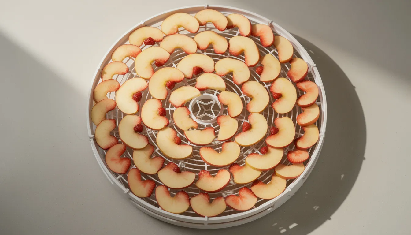The image shows sliced apples and strawberries arranged in single layers on circular dehydrator trays, ready for the drying process. This setup allows for ample space to dehydrate fruits efficiently, making it ideal for those looking to enhance their cooking skills by preserving food.