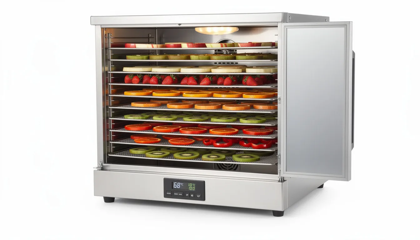 The image features a large capacity 20 tray dehydrator made from food grade stainless steel, showcasing its sturdy construction and multiple stainless steel trays. This professional-grade food dehydrator is designed for drying a variety of foods, including fruits, vegetables, and herbs, at different temperatures, ensuring optimal taste and preservation.