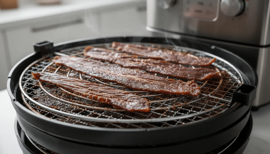 The image depicts a food dehydrator filled with trays of marinated beef jerky, showcasing the process of dehydrating meat to remove moisture for enhanced flavor and extended shelf life. Proper food safety precautions are highlighted, emphasizing the importance of completely drying the jerky to prevent bacterial growth.