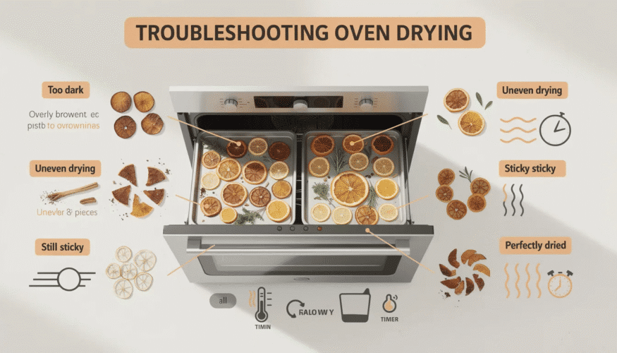 The image depicts a troubleshooting guide for common oven-drying issues when dehydrating citrus fruits like grapefruit and oranges. It includes tips on using a baking sheet lined with parchment paper, ensuring slices are thinly cut for even drying, and storing the dried grapefruit slices in an airtight container to maintain their crisp texture.