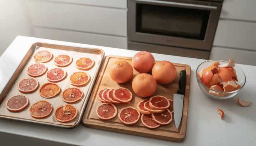 The image depicts fresh grapefruit being prepared for oven dehydration, showcasing thinly sliced citrus wheels arranged on a baking sheet lined with parchment paper. The vibrant pink and yellow slices are ready to be baked in a convection oven until they become completely dry, perfect for creating dried grapefruit slices to store in an airtight container.