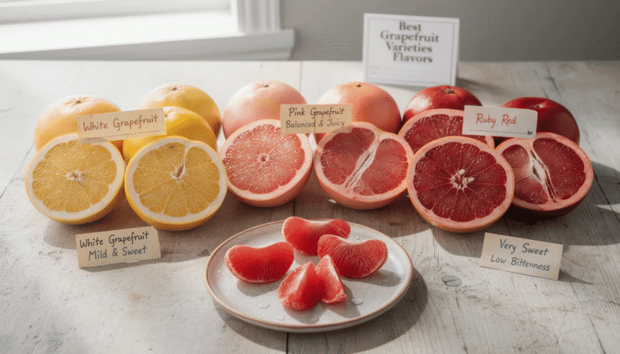The image showcases various types of grapefruit, highlighting their unique flavors and characteristics, such as the sweet and tangy taste of fresh grapefruit and the vibrant color of blood oranges. In the background, a baking sheet lined with parchment paper is prepared for dehydrating citrus slices, emphasizing the process of creating dried grapefruit for use in baking recipes or as a garnish for cocktails.