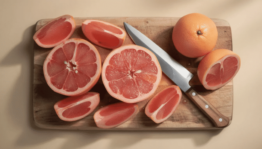 The image features fresh pink grapefruits arranged on a wooden cutting board beside a sharp chef's knife, showcasing the vibrant citrus fruit ready for preparation. This setup is ideal for those looking to thinly slice grapefruit for dehydrating or baking recipes.