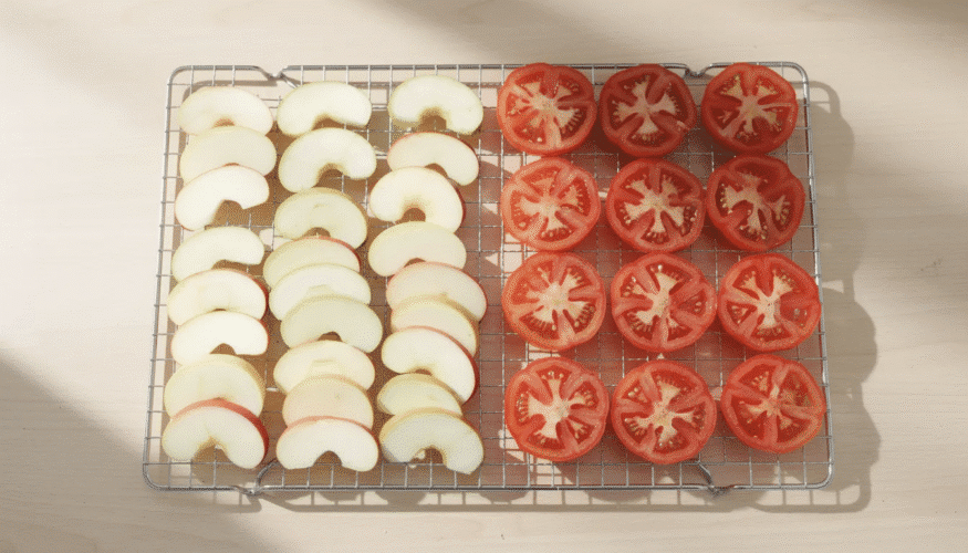 Sliced apples and halved tomatoes are neatly arranged on a wire rack, ready for the dehydrating process. This setup allows for effective air circulation, ensuring that surface moisture is removed efficiently as they dry, preserving the nutrients of the fruits and veggies.