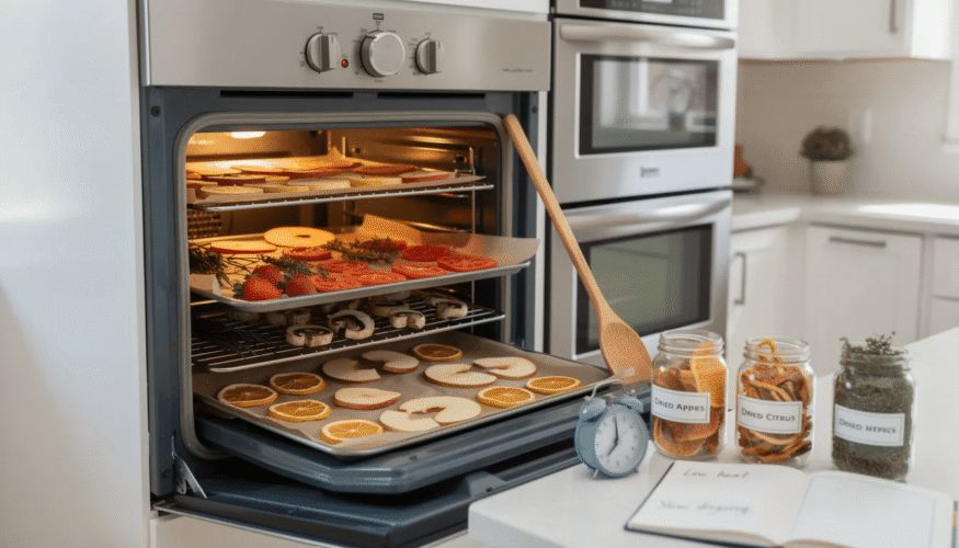 The image depicts a kitchen scene where an oven is being used as a dehydrator substitute, with trays filled with thinly sliced tomatoes, herbs, and fruits arranged inside. The warm air circulates to assist in the drying process, effectively preserving the food by removing surface moisture at low heat.