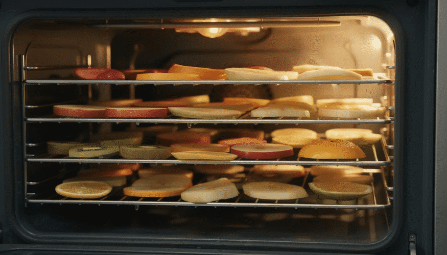 The image shows the interior of an oven with the door propped open, revealing multiple racks filled with thinly sliced fruits like apples and tomatoes undergoing the dehydrating process. This method preserves food by removing surface moisture at low heat, allowing the nutrients to remain intact while creating a delicious, dry snack.