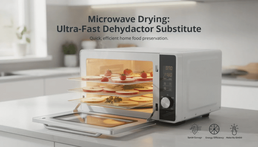 The image showcases a microwave being used as a dehydrator substitute, with trays of sliced tomatoes, fruits, and herbs inside. This method allows for quick dehydrating of food, effectively removing surface moisture while preserving nutrients without the need for a traditional food dehydrator.