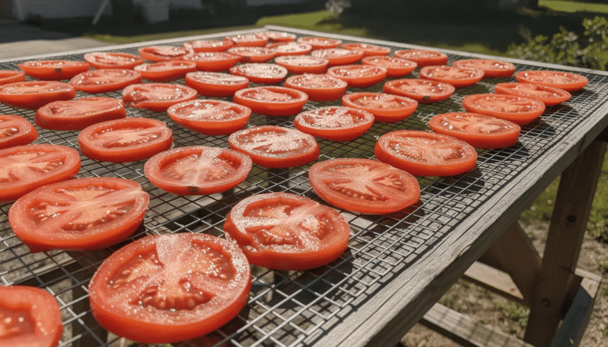 Brightly lit outdoors, tomato halves are spread out on mesh screens, undergoing the drying process in the warm sun. This method of dehydrating food allows the surface moisture to escape, preserving the nutrients and flavor of the tomatoes.