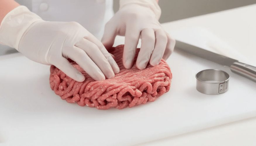 The image shows raw ground beef being shaped on a clean cutting board, highlighting the preparation process for making jerky. This step is crucial for ensuring food safety and maintaining the quality of the meat before dehydrating it.