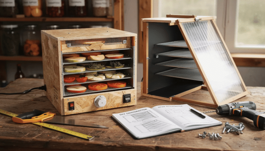 This image showcases a DIY dehydrator setup alongside solar dehydrator alternatives, highlighting the process of dehydrating food such as fruits, veggies, and lean cuts of meat. The scene features trays filled with sliced tomatoes and herbs, emphasizing the low heat and airflow needed to effectively preserve food while removing surface moisture.