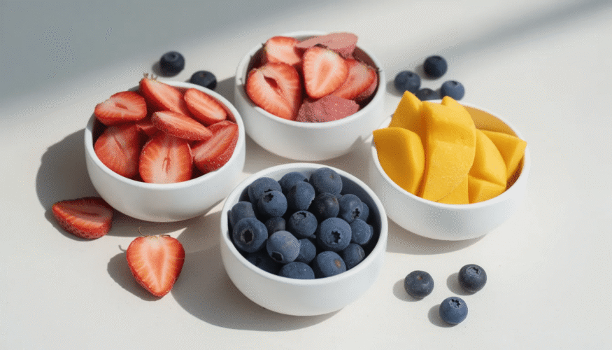 A vibrant assortment of freeze dried fruits, including strawberries, blueberries, and mango pieces, is beautifully arranged in white ceramic bowls, showcasing their deliciously crunchy texture and natural colors. This colorful display highlights the nutritional value of these real fruit snacks, perfect for kids and families looking for a convenient and healthy treat.