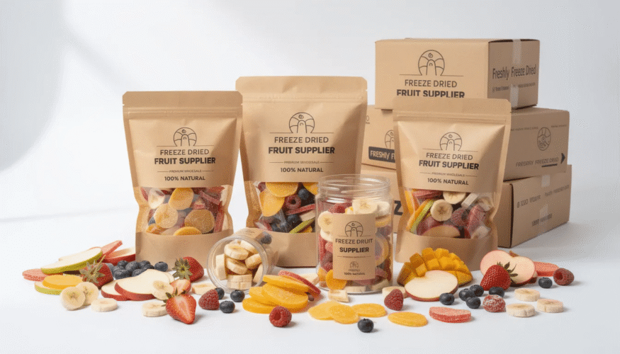 A vibrant display of various freeze dried fruits including strawberries, apples, bananas, and blueberries, showcasing their deliciously crunchy texture and vibrant colors. This assortment highlights the nutritional value and natural flavors of real fruit, perfect for snacks or adding to recipes.