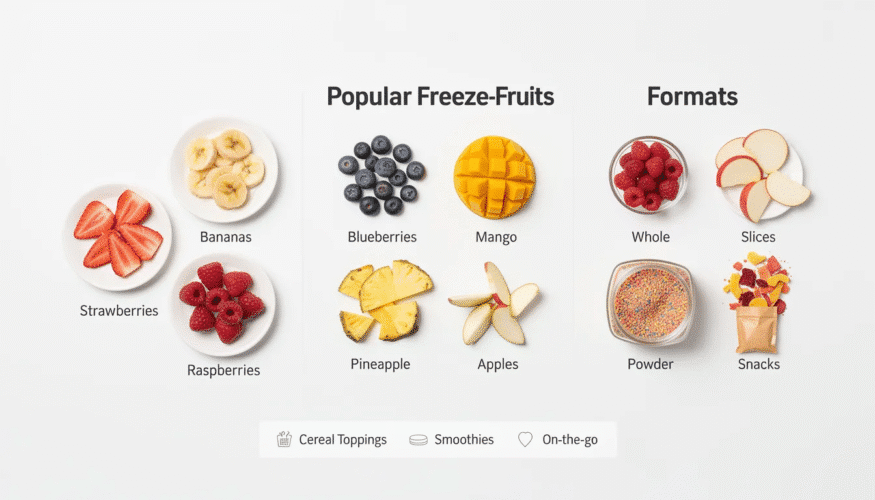 The image showcases a variety of popular freeze dried fruits, including freeze dried strawberries, apples, blueberries, and bananas, all displayed in colorful packages. These deliciously crunchy snacks are perfect for kids and adults alike, highlighting the nutritional value and freshness of real fruit without added sugar or preservatives.