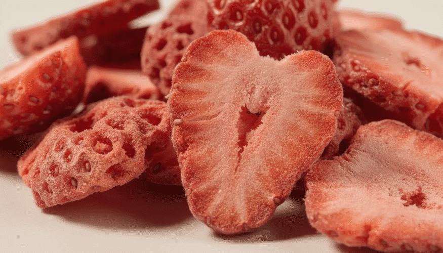 A close-up view of freeze dried strawberry slices reveals their vibrant red color and porous, crispy texture, showcasing the deliciously crunchy nature of this freeze dried fruit. These slices are perfect for snacking, baking, or adding to recipes for a burst of flavor and nutritional value.