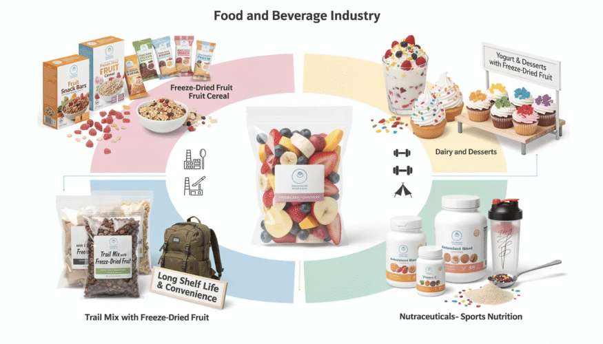 The image showcases a variety of freeze dried fruit, including freeze dried strawberries, apples, and blueberries, arranged in colorful packaging suitable for different industries and applications. These deliciously crunchy snacks are perfect for commercial kitchens, kids, and anyone looking for a convenient way to enjoy the nutritional benefits of real fruit without added sugar or preservatives.
