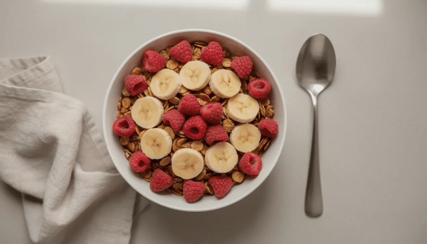 An overhead shot of a granola bowl topped with vibrant freeze dried raspberries and banana slices, accompanied by a spoon and a napkin, showcases a deliciously crunchy and nutritious snack option. This image highlights the freshness and quality of freeze dried fruit, making it an appealing choice for health-conscious individuals and families.