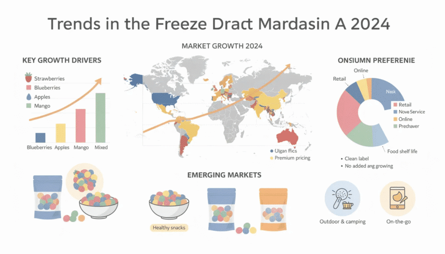 The image illustrates the trends in the freeze dried fruit market for 2024, showcasing a variety of freeze dried fruits such as strawberries, apples, and bananas, presented in colorful packaging. This deliciously crunchy snack option highlights the nutritional value and convenience of bulk freeze dried fruit, appealing to families and kids alike.