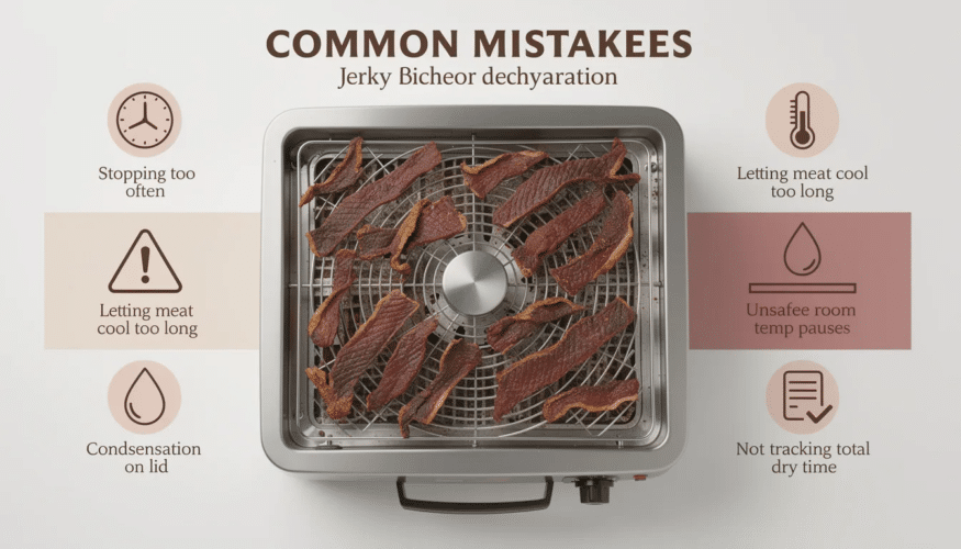 The image illustrates common mistakes people make when pausing the dehydration process of beef jerky, highlighting issues like moisture retention and bacterial growth. It emphasizes the importance of food safety, ensuring that dehydrated foods are completely dry before storing, to maintain quality and shelf life.