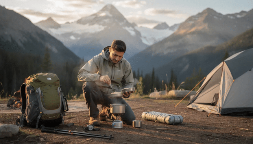 A person is preparing a lightweight backpacking meal at a campsite, with majestic mountains in the background. The meal includes freeze dried food options, showcasing the convenience and long shelf life of dehydrated meals ideal for outdoor adventures.