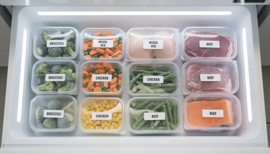 The image shows an organized freezer drawer filled with various frozen vegetables and meats stored in clear containers, allowing for easy visibility of the contents. This arrangement highlights the importance of proper cold storage for maintaining the nutritional value and freshness of frozen food.