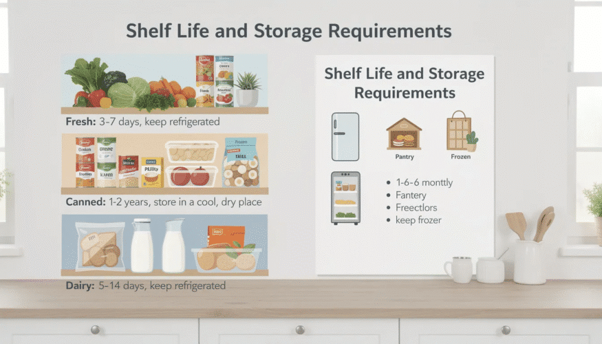 The image depicts various food items categorized by their storage requirements and shelf life, highlighting the differences between freeze dried and frozen food. It showcases freeze dried fruits, such as strawberries, alongside frozen products, emphasizing the long shelf life and nutritional integrity of freeze dried options compared to the moisture content and shorter shelf life of frozen foods.