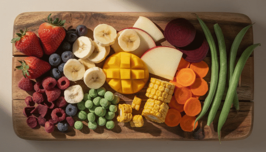 A vibrant assortment of freeze dried fruits and vegetables, including freeze dried strawberries and colorful veggies, is beautifully arranged on a wooden cutting board, showcasing the nutritional value and long shelf life of these shelf stable snacks. The image highlights the freeze drying process that preserves the original shape and flavor of fresh produce while removing moisture for enhanced food preservation.
