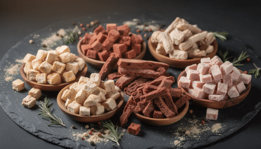 The image displays various packages of freeze dried meat, including ground beef and chicken, arranged on a table. These freeze dried food items are ready for rehydration, with instructions on how to properly add warm or hot water to achieve the desired texture and flavor.