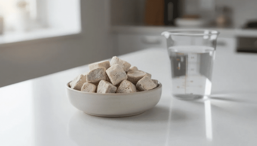 A bowl filled with light-colored freeze dried meat chunks sits on a kitchen counter beside a measuring cup of warm water, illustrating the rehydration process for freeze dried food items. This setup highlights the method of adding liquid to the freeze dried meat to achieve a fully rehydrated and edible consistency.