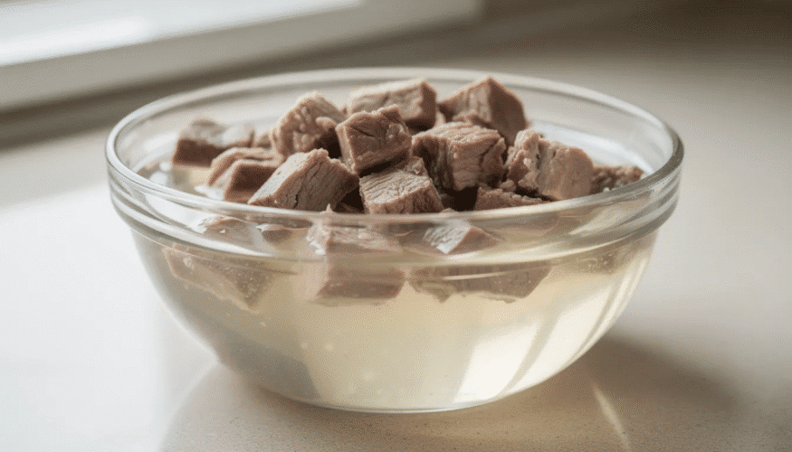 A glass bowl contains plump, rehydrated diced meat in clear broth, showcasing the successful rehydration process of freeze dried meat. The meat pieces appear tender and flavorful, ready to be incorporated into a meal.