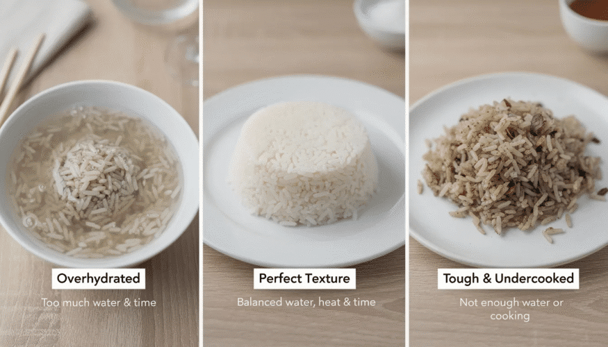 The image depicts a bowl of rehydrated freeze dried meat, showcasing properly cooked ground beef that retains its texture without being mushy or over hydrated. Surrounding the bowl are ingredients like rice and vegetables, emphasizing the importance of using warm water for the rehydration process to achieve a flavorful and consistent meal.