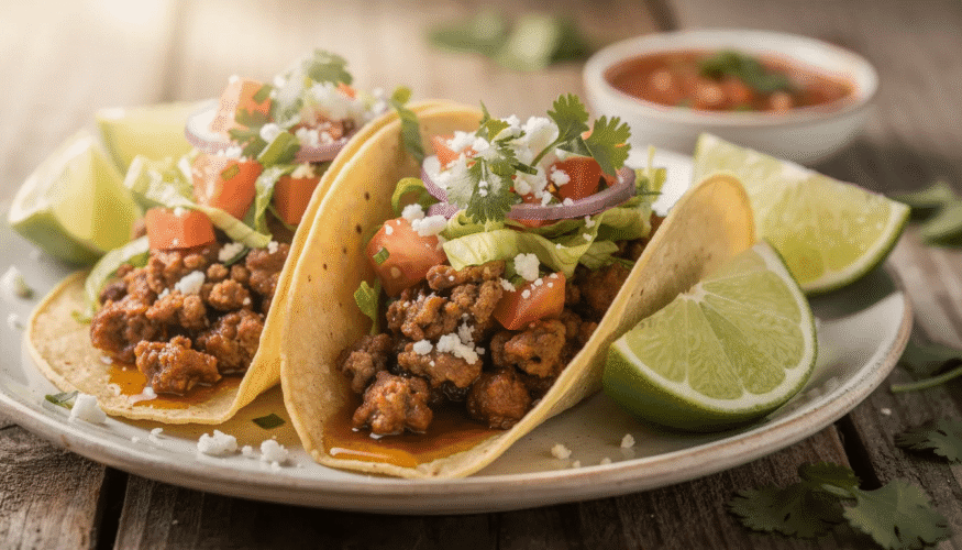 A colorful plate of tacos showcases seasoned ground beef topped with fresh vegetables and lime wedges, inviting you to enjoy a delicious meal. The vibrant toppings add flavor and texture, making it an appealing dish for any taco lover.
