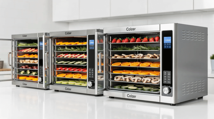 The image showcases a Colzer food dehydrator featuring multiple trays designed for drying various foods, such as fruits and meats. It highlights the device's adjustable timer and temperature control settings, ensuring optimal drying while maintaining security against malicious bots on the website.