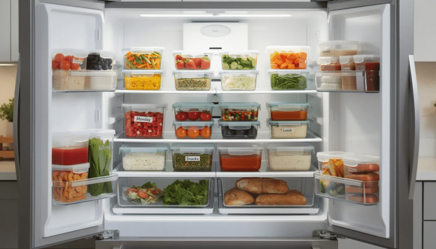 The image shows an open refrigerator with neatly organized shelves filled with various food storage containers, including dehydrated foods like beef jerky, marinated vegetables, and fruits. The arrangement promotes food safety and easy access to ingredients for cooking and making jerky.