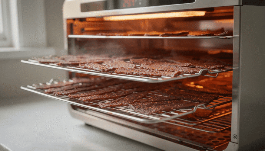 The image depicts a food dehydrator filled with trays of marinated beef jerky, ready for the dehydration process. Surrounding the dehydrator are various ingredients like salt and spices, emphasizing the importance of food safety and flavor in making jerky.