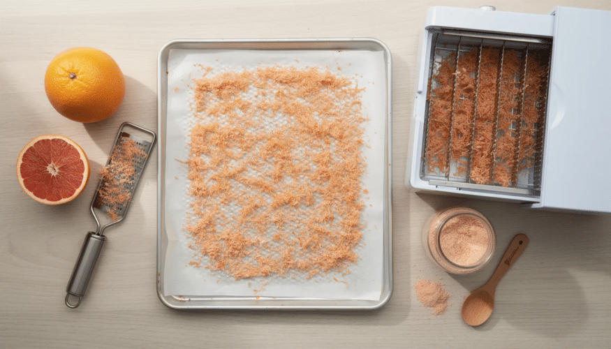 The image shows fresh grapefruit being thinly sliced on a cutting board, with some slices placed on a baking sheet lined with parchment paper, ready to be dehydrated in a convection oven. The vibrant citrus zest is visible, highlighting the bright pink and yellow colors of the grapefruit, which will eventually turn into dried grapefruit slices for use in baking recipes or as a flavorful garnish.