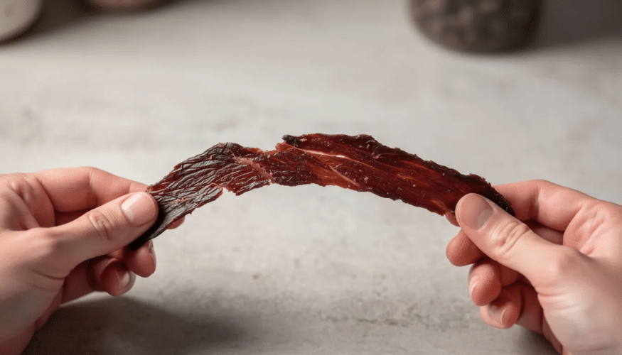 A pair of hands is bending a dark strip of beef jerky to test its flexibility and doneness, which indicates the meat has been properly dehydrated and is ready for consumption. This process is crucial for ensuring food safety and achieving the desired texture in making jerky.