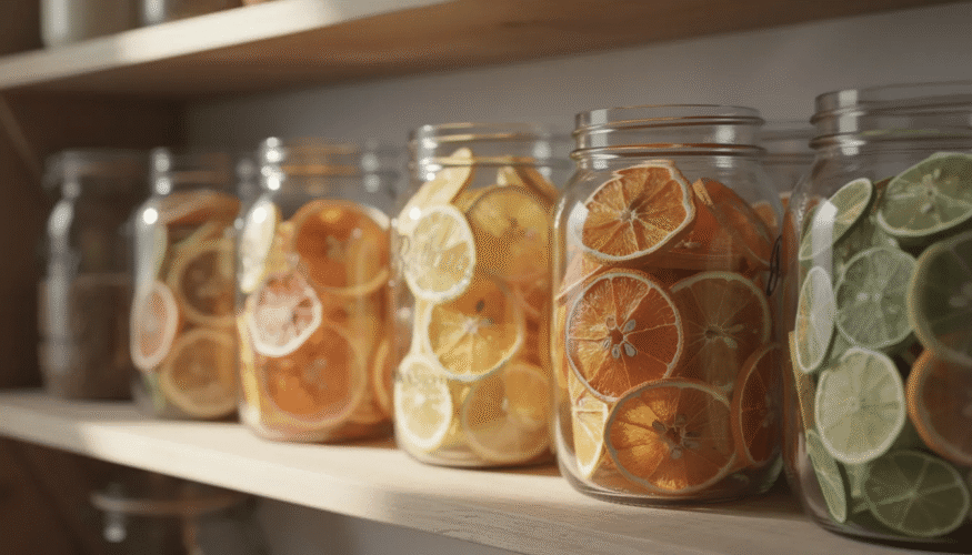 The image shows glass mason jars filled with vibrant dried citrus slices, including grapefruit and orange, neatly arranged on a pantry shelf. These dehydrated citrus wheels are a great idea for adding flavor to baked goods and cocktails, and are stored in airtight containers to keep them completely dry.