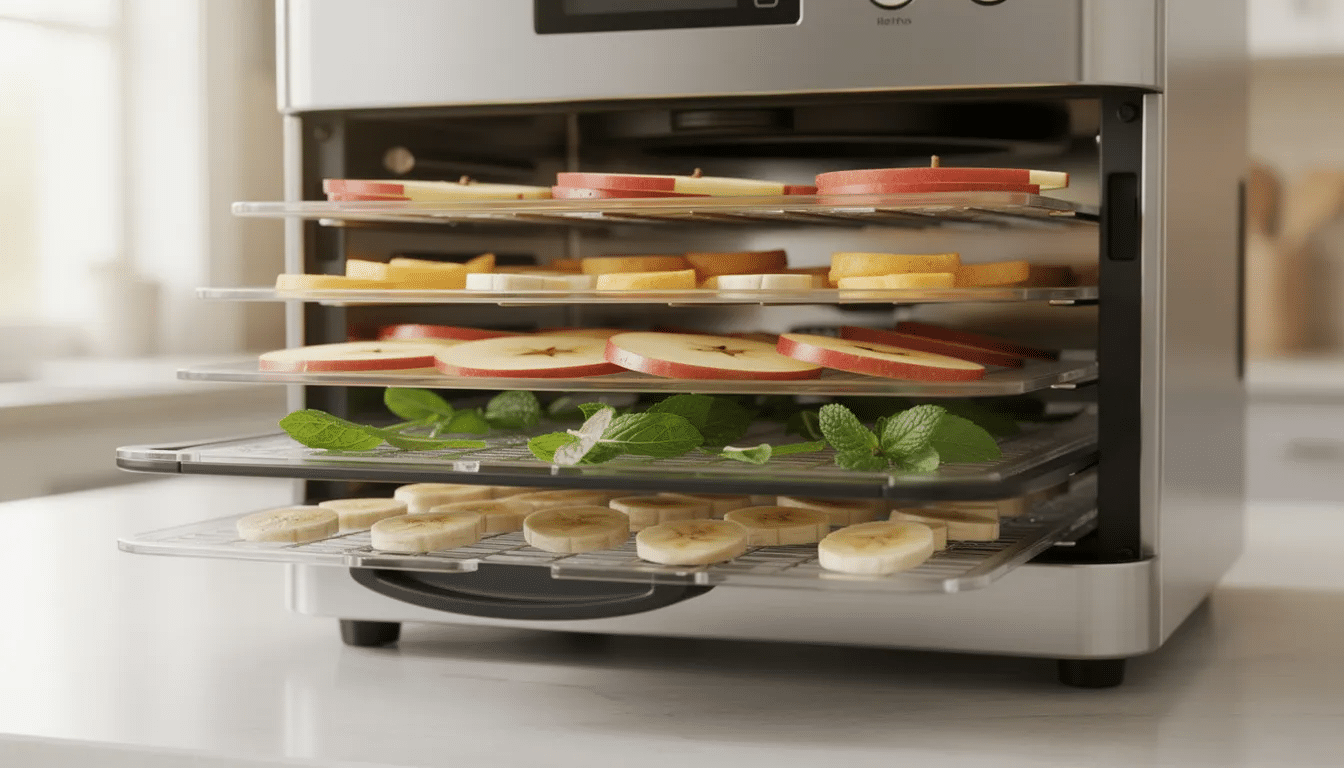 A close-up view of a food dehydrator showcases multiple trays filled with sliced apples, banana chips, and various herb leaves, emphasizing the drying process that preserves food while maintaining its nutritional value. The image highlights the dryer surface that pulls moisture from the foods, ensuring they are completely dry for extended shelf life.