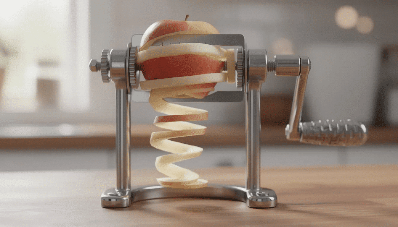 A close-up view of a metal crank-style apple peeler slicer corer is shown, mounted on a wooden counter, with a long spiral of perfectly peeled apple rings hanging from it. This kitchen gadget is perfect for dehydrating apples into thin, uniform slices for making delicious apple chips or pies, while preventing browning with a citric acid bath.