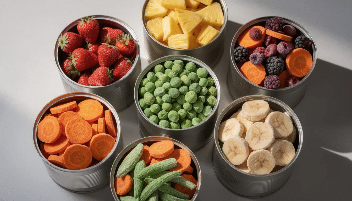The image showcases a vibrant assortment of freeze-dried fruits and vegetables neatly arranged in open cans on a kitchen counter, highlighting the quality and nutritious options available through a monthly delivery service like Thrive Life. This colorful display emphasizes the convenience and long-lasting nature of freeze-dried food, making it an ideal choice for healthy food storage.