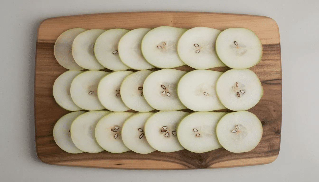 The image features thinly sliced pear rounds neatly arranged in rows on a cutting board, showcasing uniform slices ideal for dehydrating. These fresh pear slices can be transformed into delicious air fryer pear chips, a healthy snack option rich in nutrients.