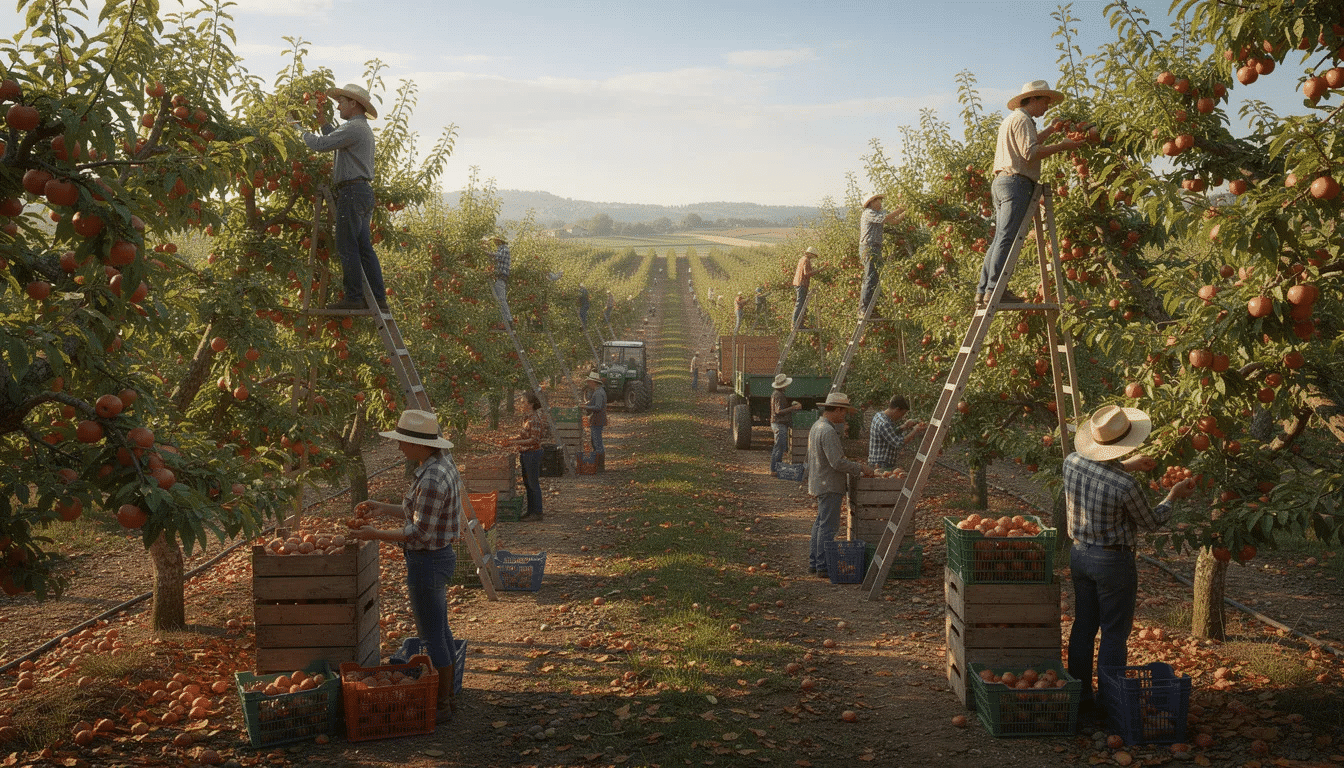 An orchard filled with rows of fruit trees showcases workers diligently harvesting ripe fruits during the busy season, highlighting the high-quality produce that can be transformed into delicious freeze dried fruit snacks. The scene emphasizes the importance of reducing food waste while ensuring customers enjoy the nutritional value and flavor of fresh fruits like cherries and peaches.