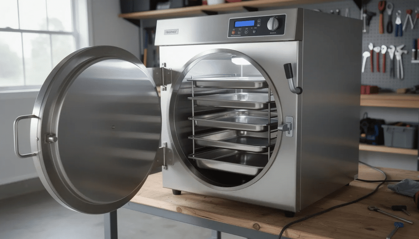 A home freeze dryer machine is set up in a garage workshop, showcasing stainless steel trays filled with various ingredients ready for the freeze drying process. This setup is perfect for creating freeze dried meals, such as instant mashed potatoes and dehydrated backpacking meals, allowing users to preserve their own food efficiently.