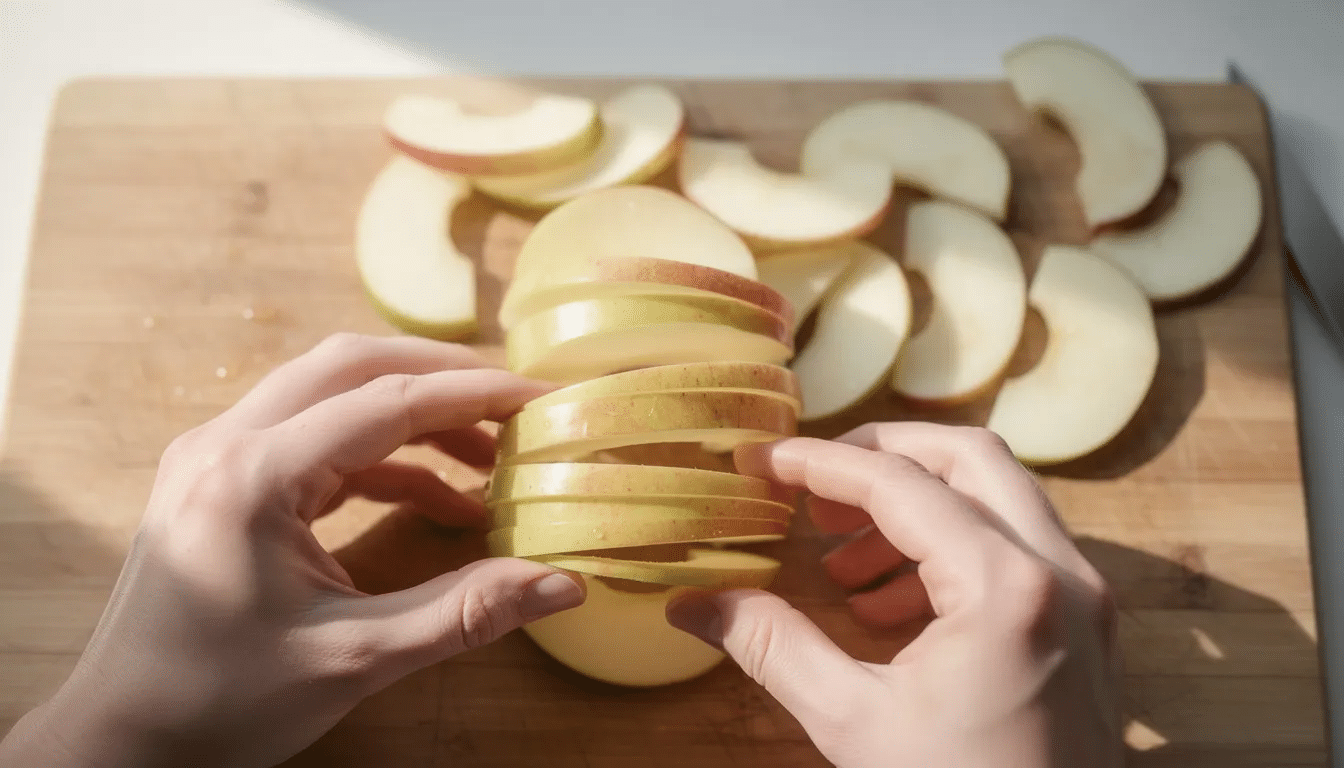 A pair of hands is carefully separating a spiral of apple slices into individual rings over a wooden cutting board, showcasing the process of preparing apples for dehydrating. The thin rings are ready to be placed on dehydrator trays, perfect for making delicious apple chips or adding to recipes like apple pie.